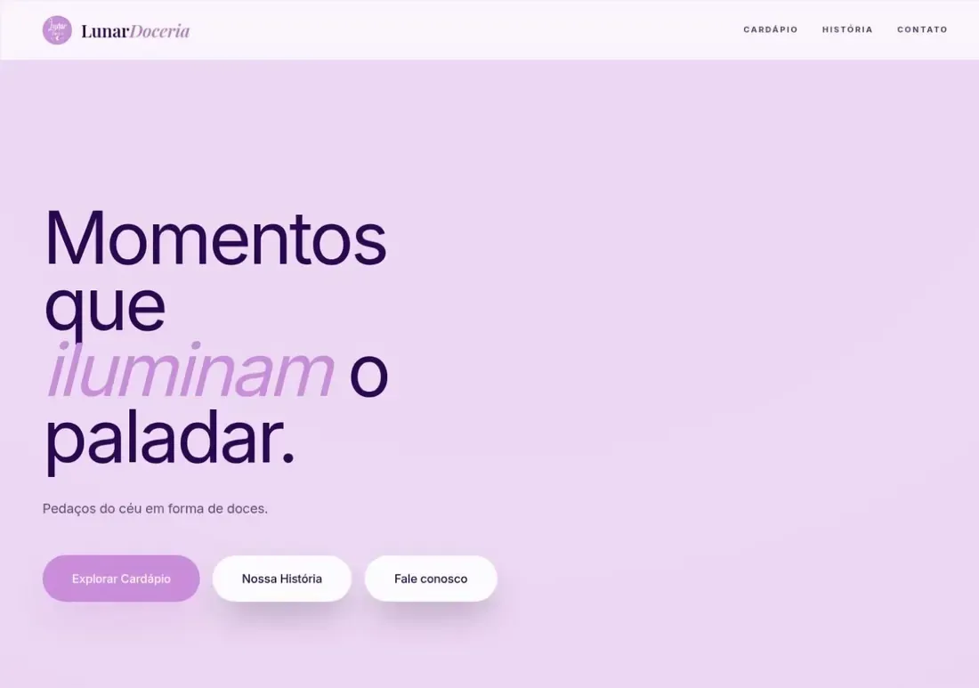Página inicial do site Lunar Doceria